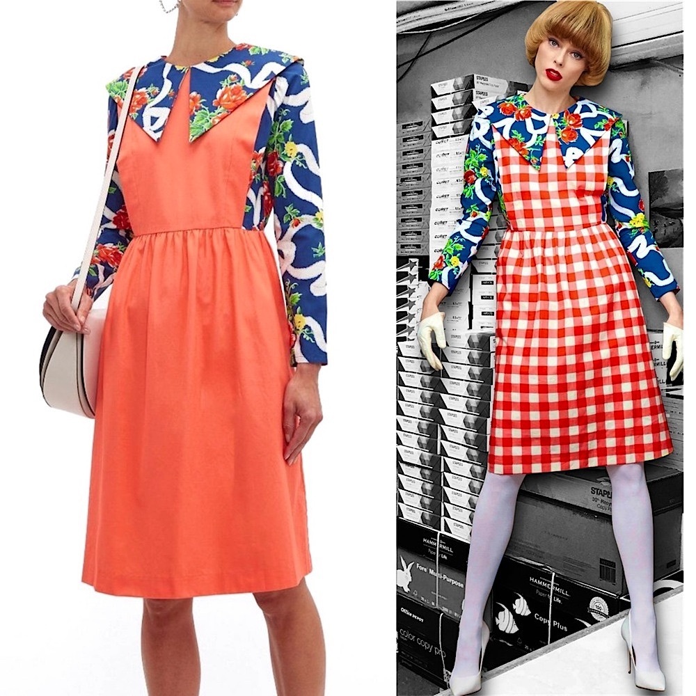 BATSHEVA Floral Bow Print Oversized Collar Long Sleeve Coral Apron Midi Dress 4